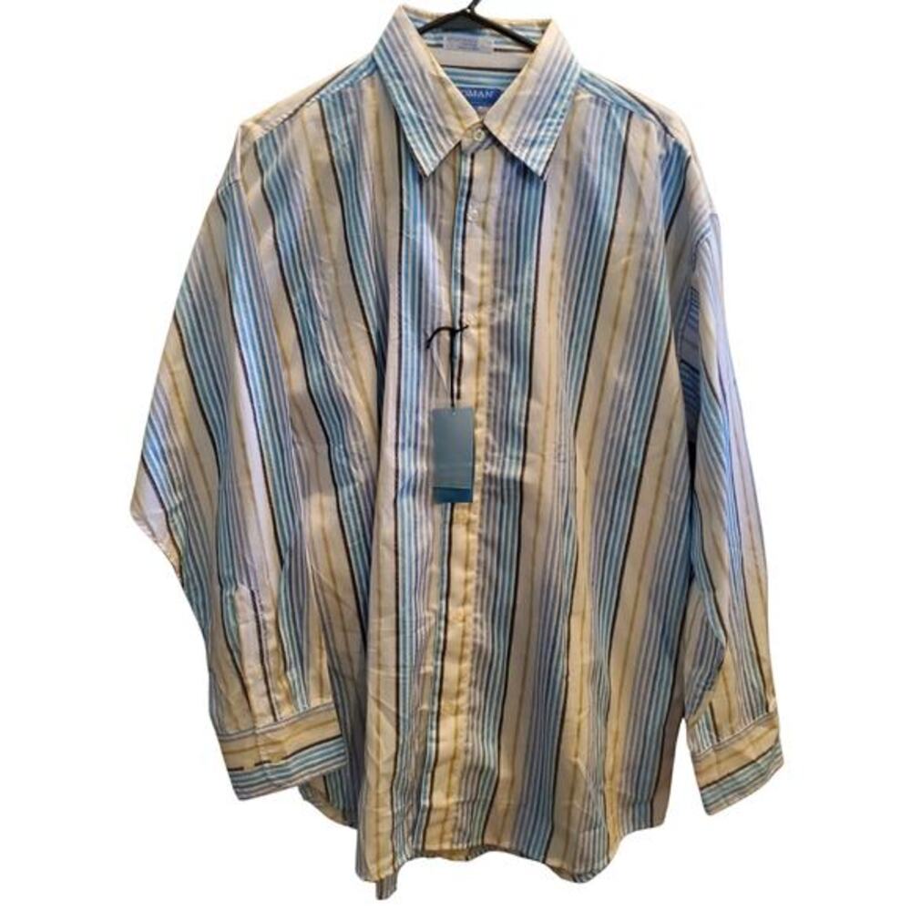 Koman Sports‎ Button Up Shirt Men Sz XL Blue Striped Long Sleeve Y2K Vintage New